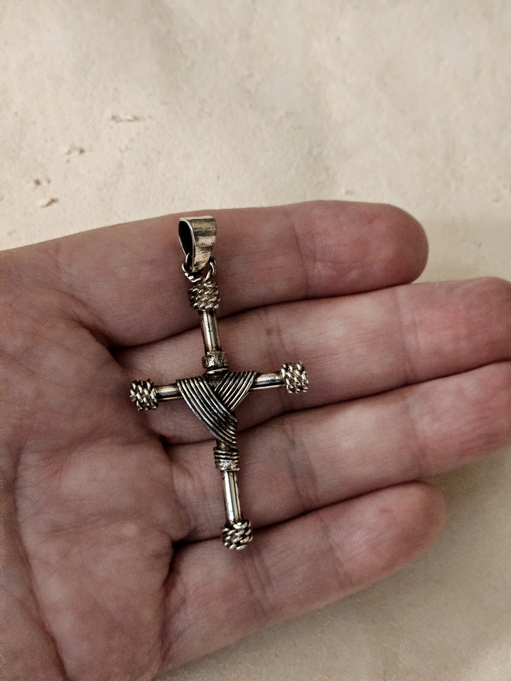 VTG 925 SS Artisan Crafted Mexico Rope-wrapped Cross Pendant 1.75" X 1", 7g